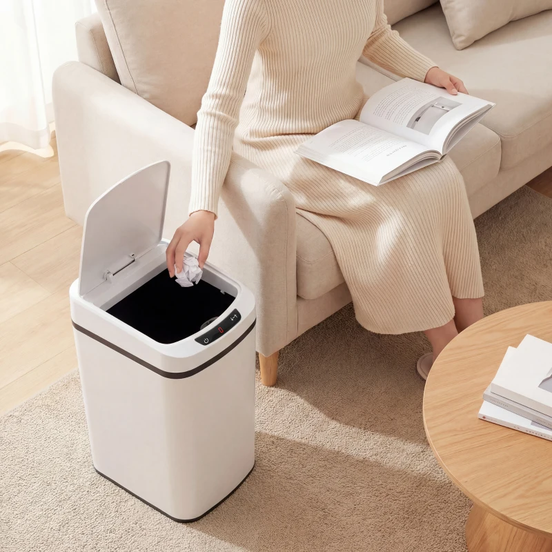 HOMCOM Poubelle 12L infrarouge avec seau amovible, en acier inoxydable, ABS et PP, 28x22x41 cm, Blanc