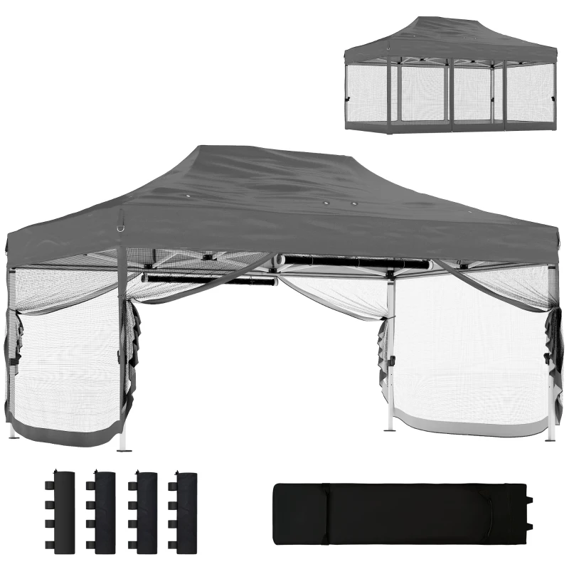Outsunny 3 x 4.5 m Pop Up Gazebo with Mesh Nettings, UPF50+ Heavy Duty Outdoor Garden Party Tent Marquee, Dark Grey