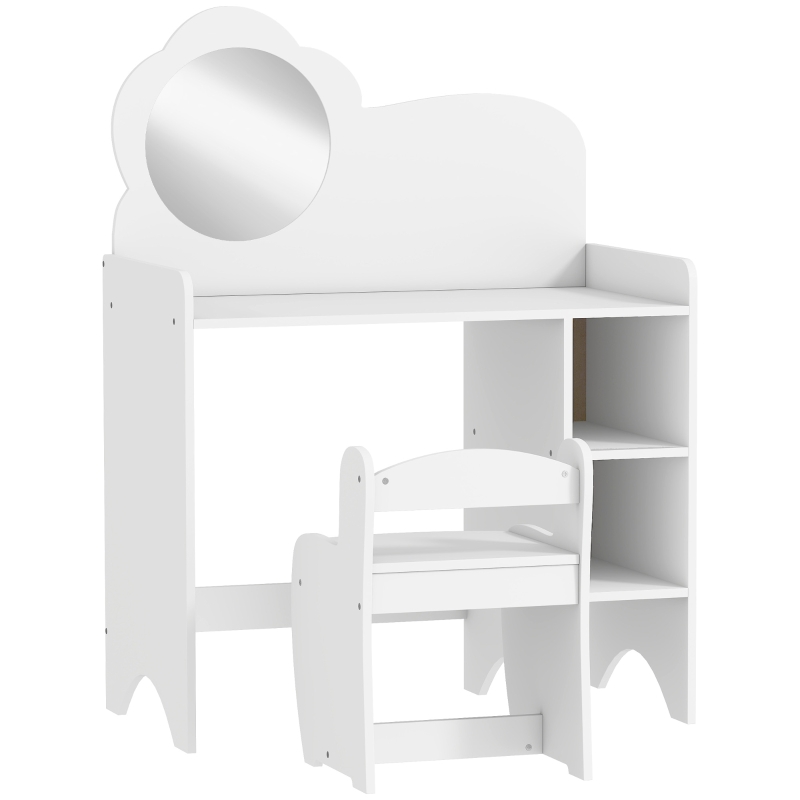 AIYAPLAY Kids Dressing Table with Mirror, Stool, Kids Vanity Table with Shelves, for Ages 3-8 Years, White