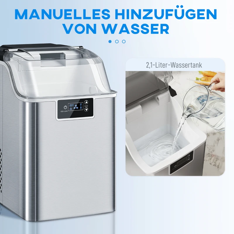 HOMCOM Eiswürfelmaschine, Eiswürfelspender, Ice-Maker, 20 kg/24h Eiswürfelbereiter mit 2,1 L Wassertank, Silber