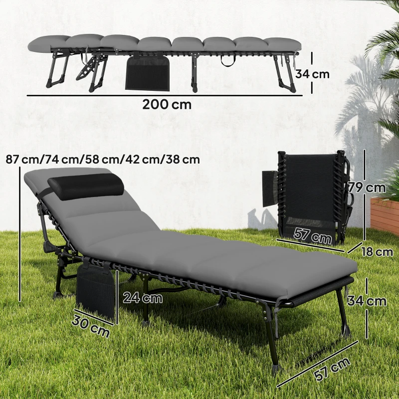 Outsunny Espreguiçadeira de jardim exterior, Espreguiçadeira dobrável, encosto reclinável em 5 posições, 200 x 57 x 38 cm, cinza escuro