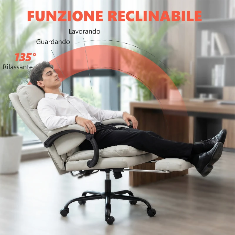 HOMCOM Chaise de Bureau Massante et Chauffante, Reclinable 135° avec Repose-pieds en Cuir PU, Gris clair