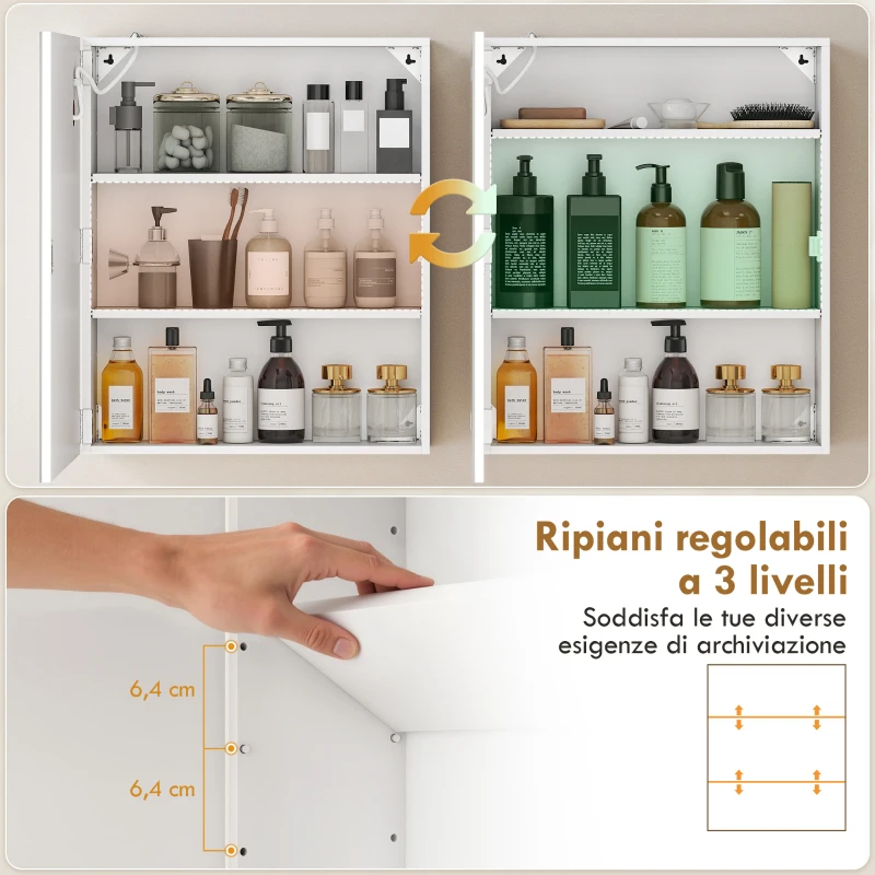 HOMCOM Armadietto Bagno con Specchio, Luce LED Regolabile e Sistema Antiappannamento, 50x15x60 cm, Bianco