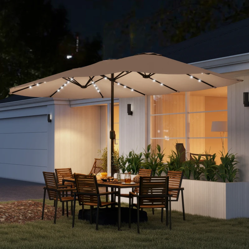 Outsunny Patio Umbrella Double-Sided Outdoor Umbrella with Solar Lights Base, Khaki