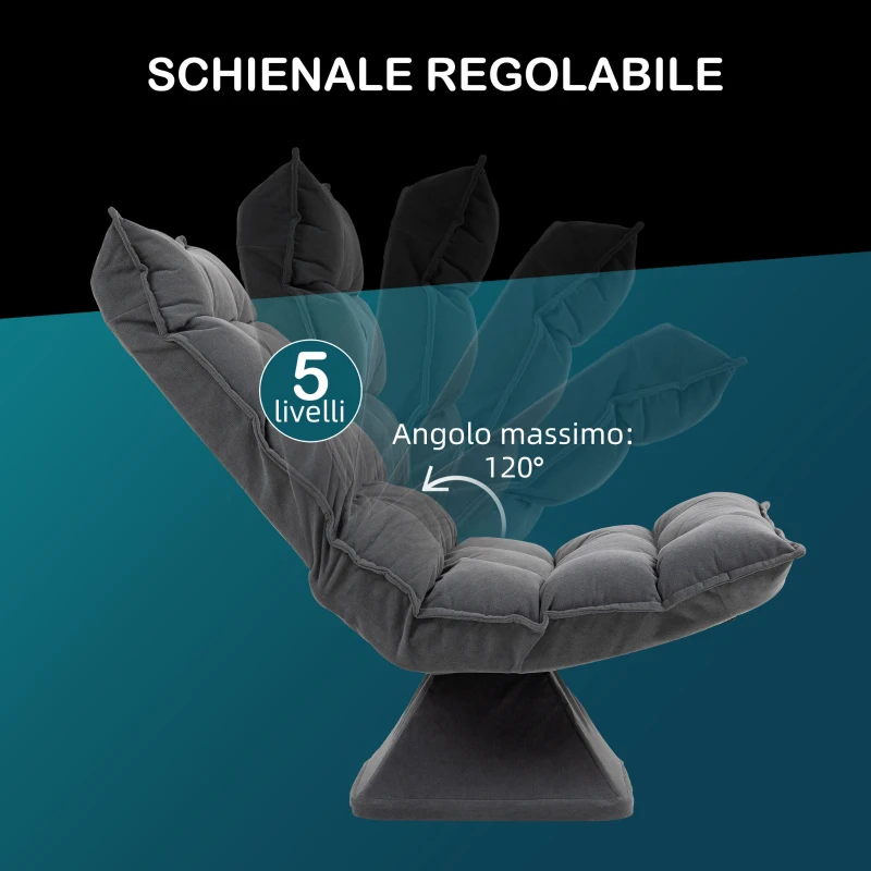HOMCOM Poltrona per Salotto Girevole e Vellutata con Schienale Regolabile in 5 Posizioni, 62x70x95 cm, Grigio