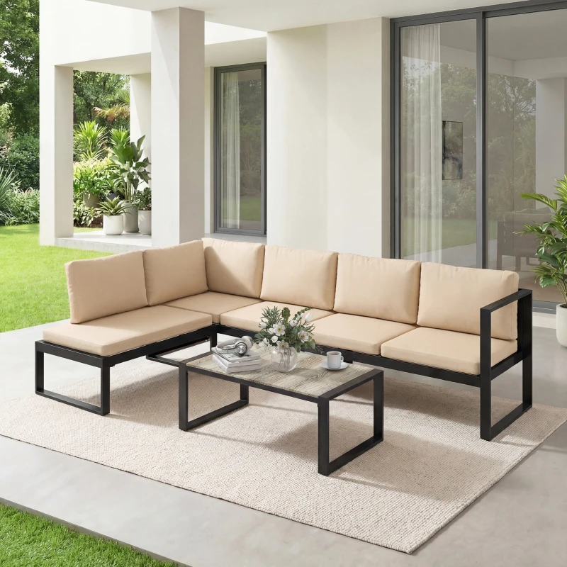Outsunny Ensemble de jardin 4 pièces, ensemble canapé avec 2 canapés 2 places, fauteuil sans accoudoirs, table basse, pour balcon, Kaki