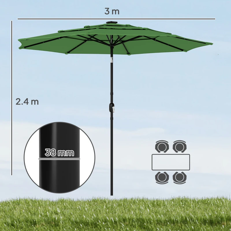Outsunny Garden Parasol, Parasol Umbrella with 3-tier Roof, Crank Handle, Tilt Function, Polyester Canopy, Green