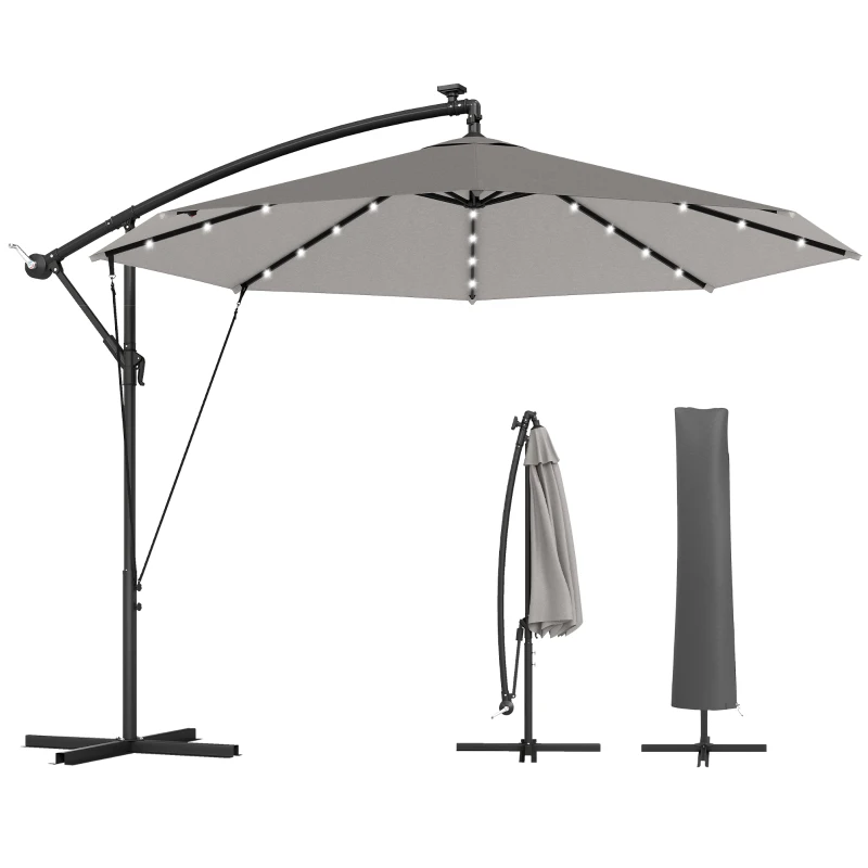 Outsunny 3 m Cantilever Parasol with Solar LED Lights Garden Umbrella with Cross Base, Light Grey
