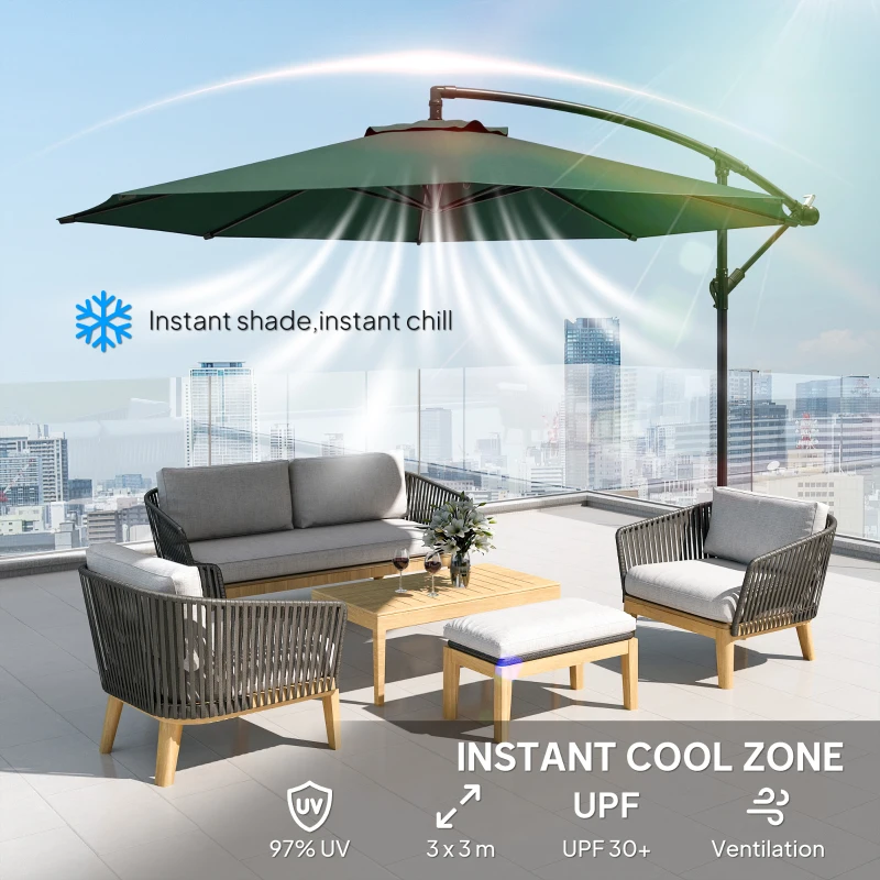 Outsunny 3 m Overhanging Cantilever Parasol, with Cross Base - Dark Green