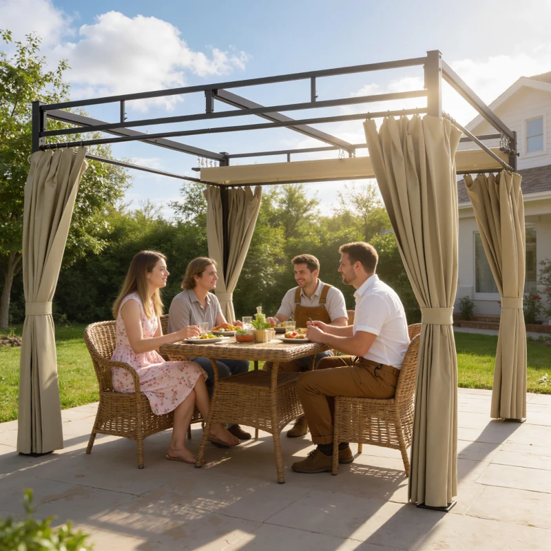 Outsunny 3 x 3 m Pergola with Retractable Roof Canopy and Curtains, UPF30+ Metal Frame Garden Pergola Gazebo Sun Shade, Khaki