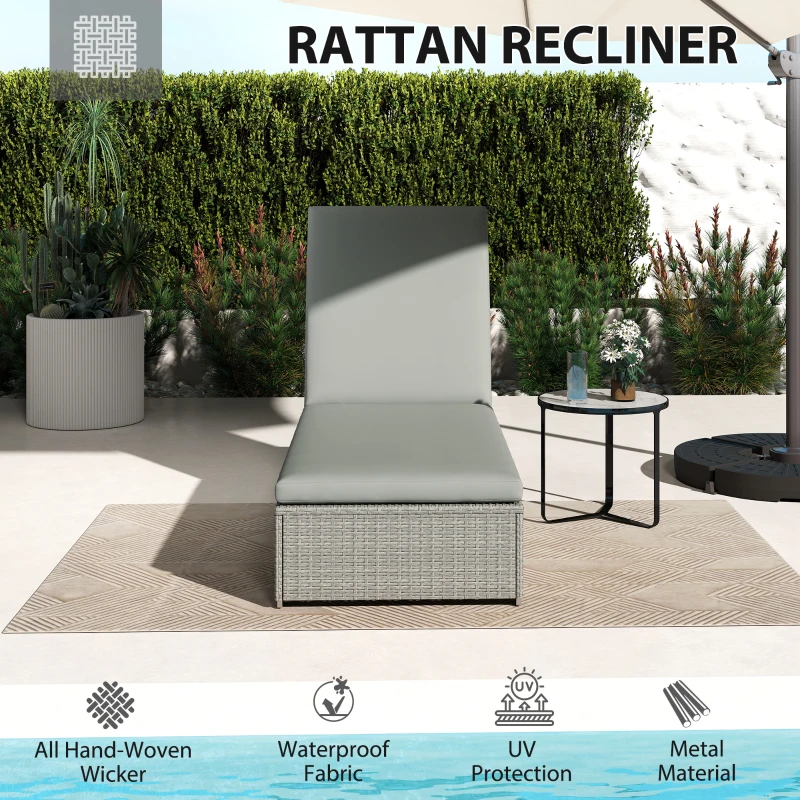 Outsunny Rattan Sun Lounger, Five-Position Reclining Garden Lounger Bed with Cushion, Light Grey