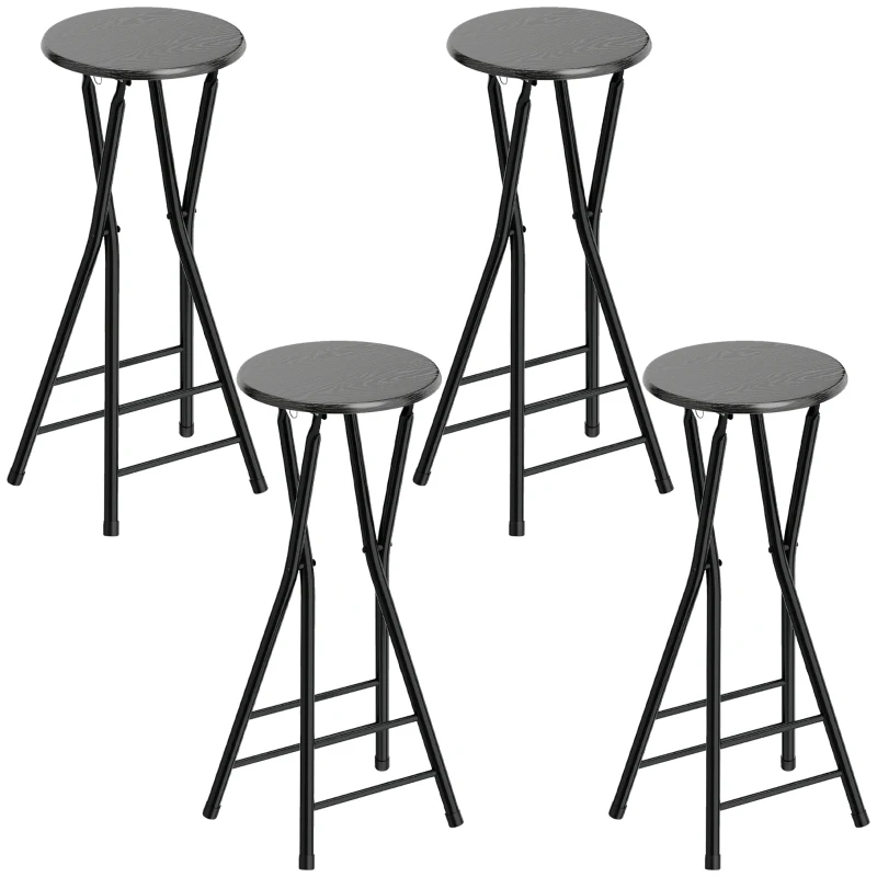 HOMCOM Lot de 4 Tabourets de Bar Pliants avec Double Repose-pieds, en Bois et Acier, 34x30x70 cm, Noir