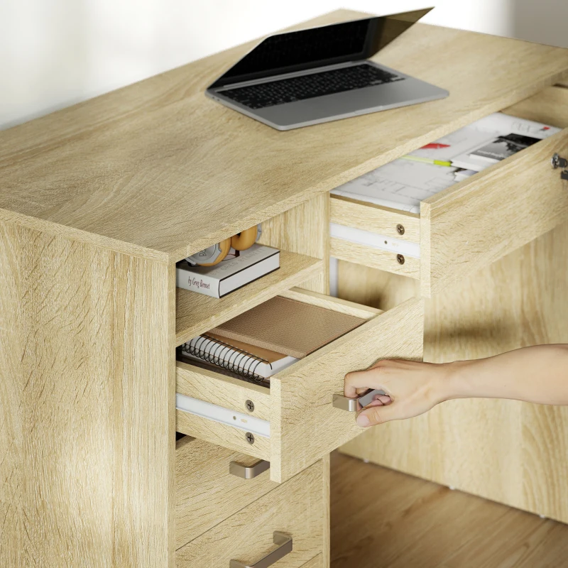 HOMCOM Scrivania moderna per computer con 5 cassetti, grande piano, 1 vano aperto, cassetto bloccabile, 110x50x76 cm, rovere