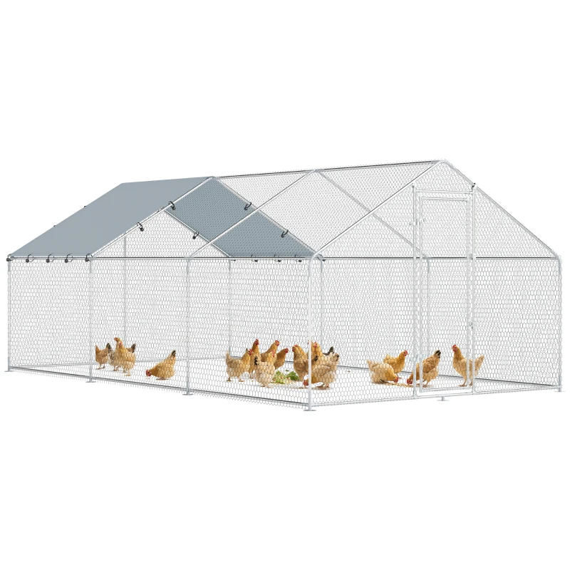 PawHut Galinheiro Grande para Exterior de Aço Galvanizado 5,1x3x1,9 m 15,3 m² com Cobertura de Tecido Oxford e Fecho Prata