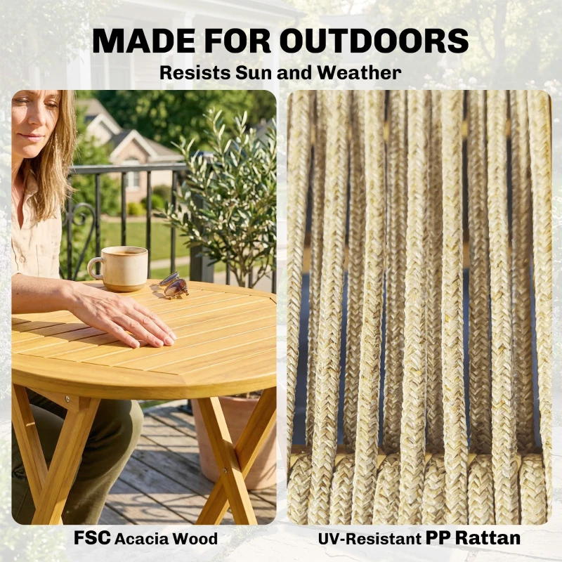 Outsunny Balkonmeubelset 3-delig Polyrattan Hout Inklapbaar Tuinmeubelset met Tafel en 2 Stoelen, Ademend