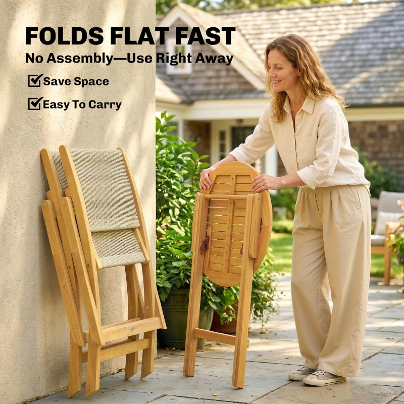 Outsunny Balkonmeubelset 3-delig Polyrattan Hout Inklapbaar Tuinmeubelset met Tafel en 2 Stoelen, Ademend