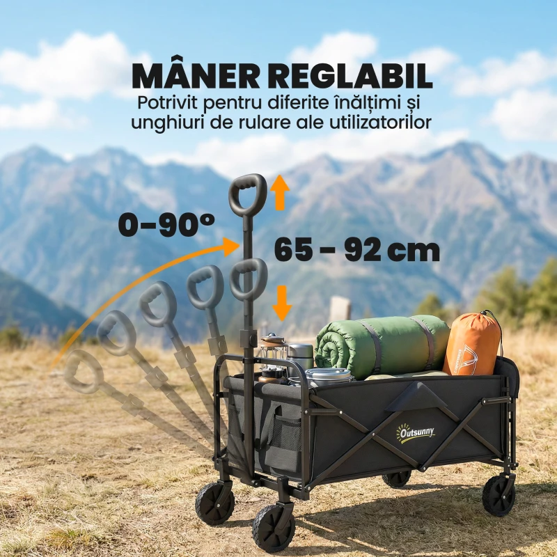 Outsunny Cărucior de Grădină 72L Pliabil cu Mâner Reglabil, din Oțel și Material Oxford, 114x46x92 cm, Negru
