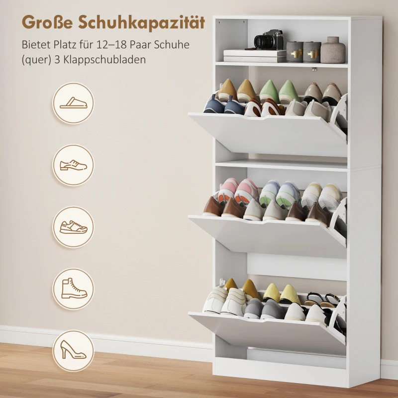 HOMCOM Schmaler Schuhschrank mit 3 Klappfächern, Verstellbaren Einlegeböden und Offenem Fach, Platz für 12-18 Paare, Weiß