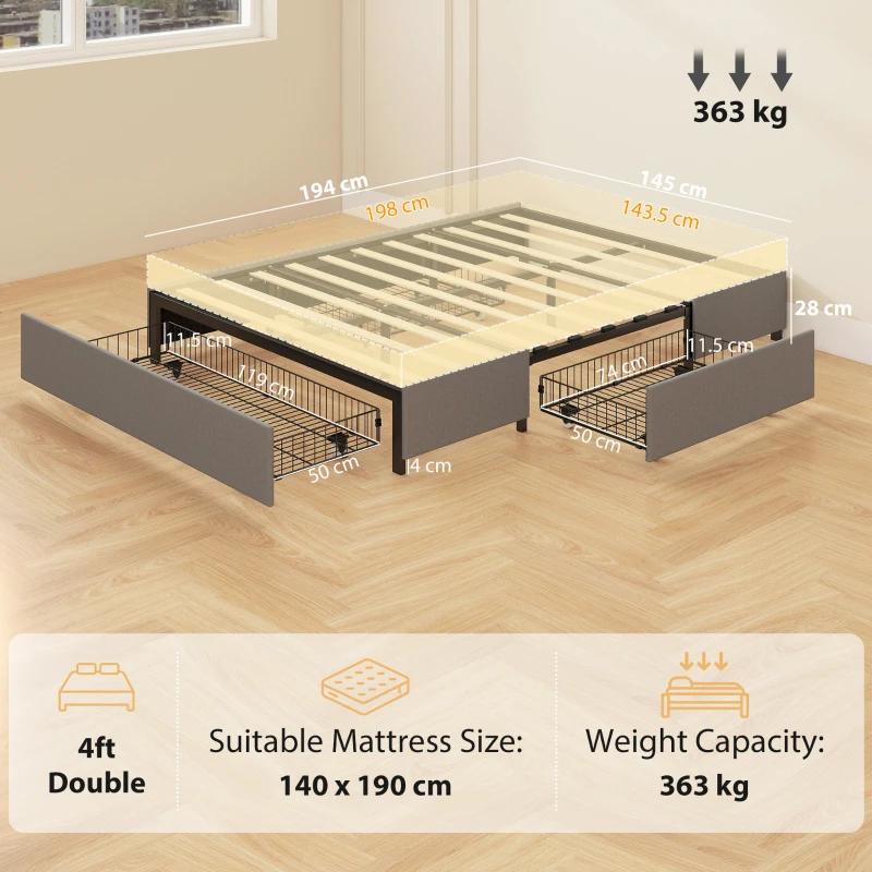 HOMCOM Pat dublu 140x190 cm cu somier, 3 sertare și cadru metalic Capacitate 363 kg Gri