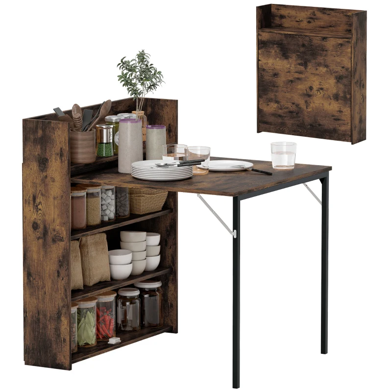HOMCOM Tavolo pieghevole salvaspazio con ripiani, design industriale per piccoli spazi, 80x90x93cm, Marrone rustico