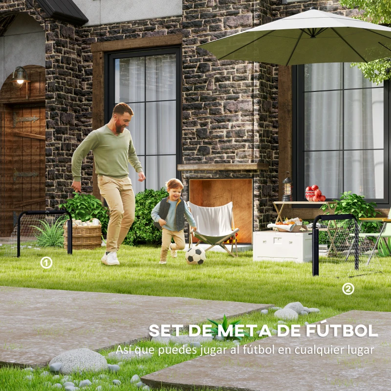 HOMCOM Mini Porterías de Fútbol Plegables Set de 2 Porterías de Exterior para Niños y Adultos 90x36x60 cm Negro