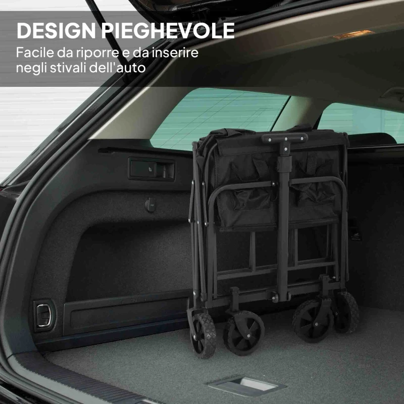 Outsunny Carrello da Giardino 62L Pieghevole con Maniglia Regolabile, in Metallo e Tessuto Oxford, 76x48x86 cm, Nero
