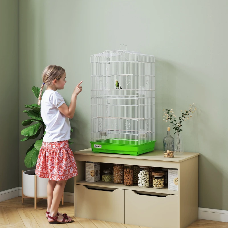 PawHut Cage pour Oiseaux Volière Métallique avec 4 Mangeoires, 3 Perchoirs, Balançoire et Tiroir Amovible, Poignée, 46,5x35,5x92 cm, Vert