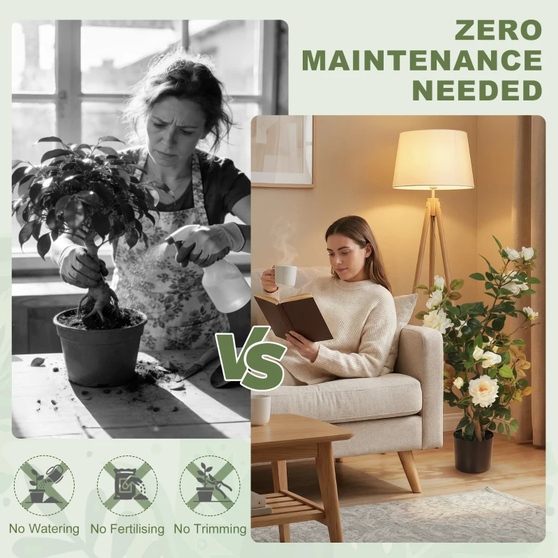 HOMCOM 90cm Artificial Rose Tree, Decorative Fake Plant with 344 Silk Leaves 17 Flowers for Outdoor Indoor Decor, White