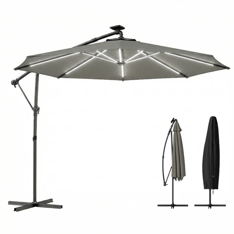 Outsunny 3 m Garden Cantilever Parasol with LED Solar Light, Round Overhanging Umbrella with 360° Rotation, Cover, Grey