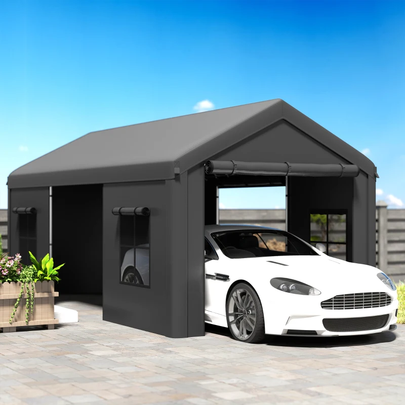 Outsunny 3 x 6 m Heavy Duty Carport, Portable Garage Car Canopy Tent with Galvanised Frame, Doors, Windows, Dark Grey