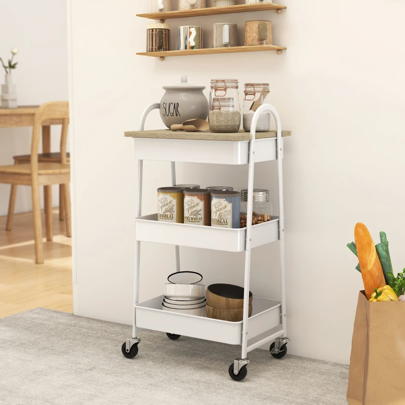 HOMCOM Carrito auxiliar de cocina, carrito de servicio de 3 niveles, bandeja superior, cestas, asas, 45 x 32 x 77,5 cm roble