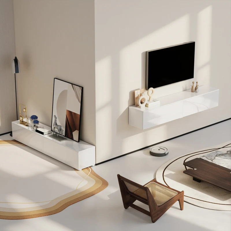 HOMCOM Meuble TV suspendu jusqu'à 190.5 cm avec portes à pression, 180x33x30 cm, Blanc laqué