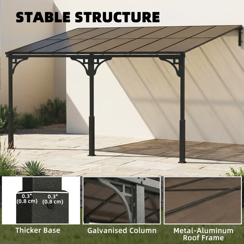 Outsunny 4 x 3 m Metal Lean-to Pergola, Wall-Mounted Garden Pergola with Polycarbonate Roof and Metal-Aluminium Frame, Heavy Duty Hardtop Gazebo for Outdoor Patios, BBQ, Brown