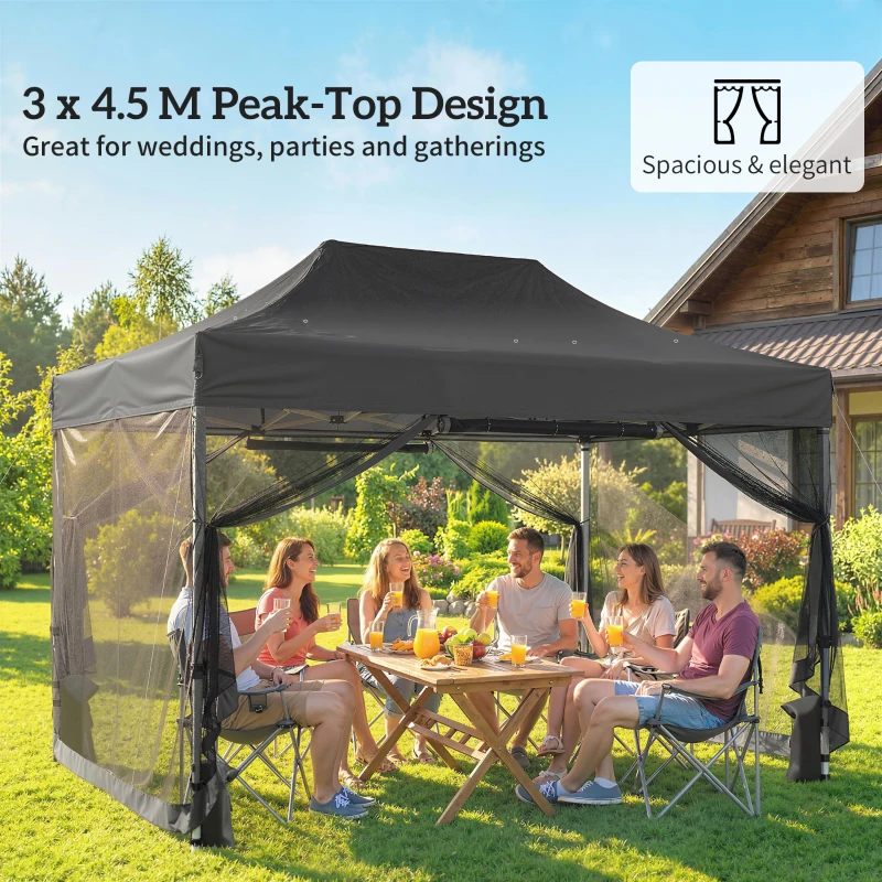 Outsunny 3 x 4.5 m Pop Up Gazebo with Mesh Nettings, UPF50+ Heavy Duty Outdoor Garden Party Tent Marquee, Black