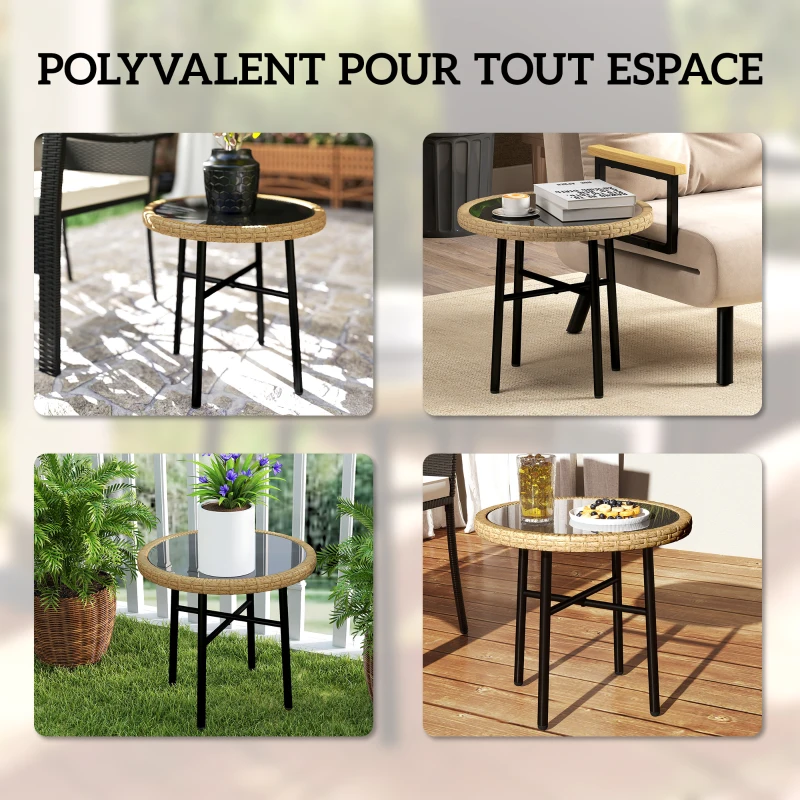 Outsunny Table Basse Ronde de Jardin, Table d'Appoint Exterieur en Résine Tressée et Plateau en Verre Trempé, 46x46x43cm, Naturel