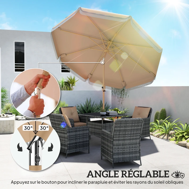 Outsunny Parasol de jardin extérieur 266 cm, parasol inclinable, franges, manivelle, 8 baleines, toile polyester 180 g/m², kaki
