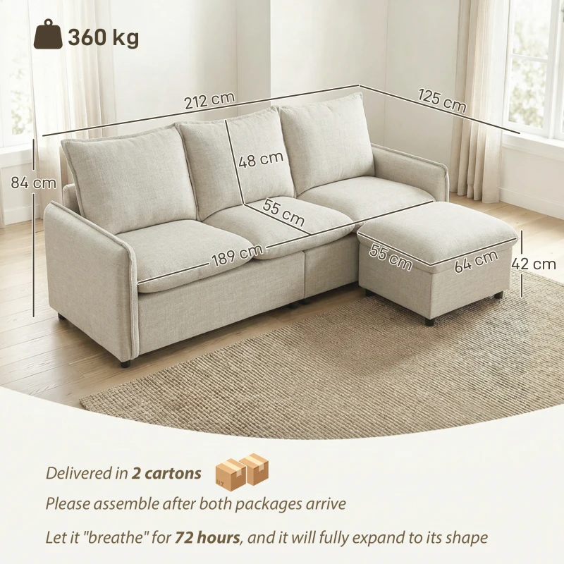 HOMCOM Canapea 3 locuri cu pouf de depozitare, canapea colțar modulară 212 cm, perne cu arcuri, țesătură din in, crem