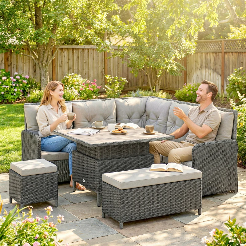 Outsunny 6 Pieces Outdoor PE Rattan Garden Furniture, Patio Wicker Sectional Conversation Corner Sofa