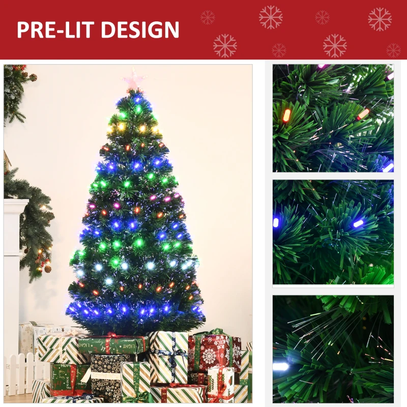 HOMCOM 5ft Prelit Artificial Christmas Tree Faux Holiday Tree with Lights Star Topper and Metal Base Home Decor