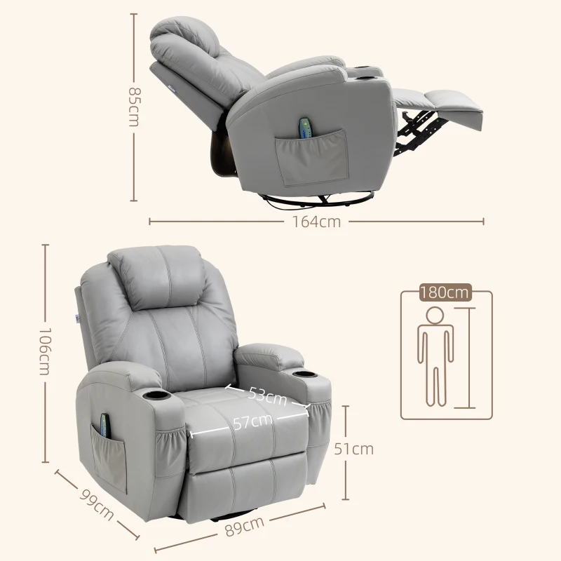 HOMCOM Sillón de masaje reclinable con reposapiés y control remoto, en piel PU, 89x99x106 cm, Gris