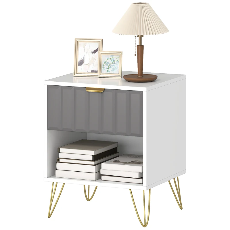 HOMCOM Comodino con vano aperto, cassetto e maniglia, tavolino con gambe in acciaio, 45x40x55 cm, bianco