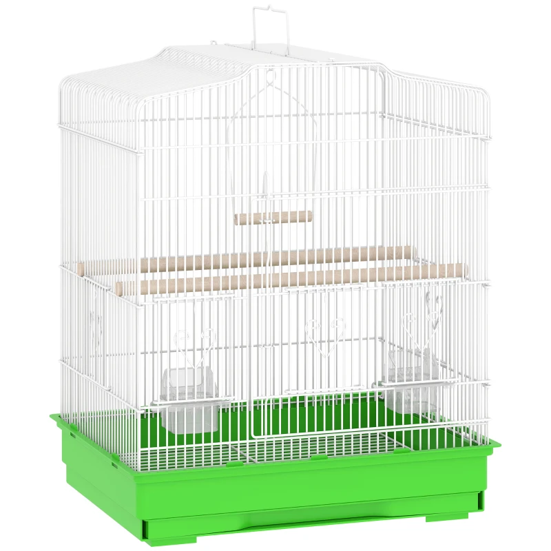 PawHut Cage pour oiseaux Volière en acier avec 2 Mangeoires 2 Perchoirs Balançoire et Plateau Amovible Poignée 46,5x36x59 cm Vert