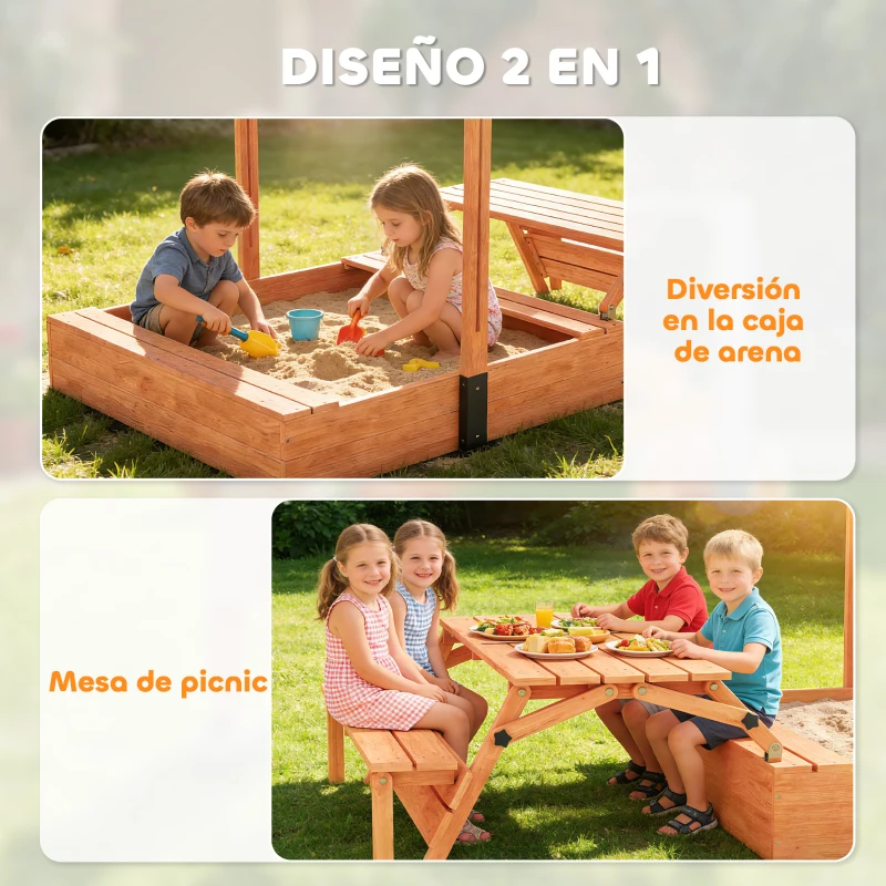 AIYAPLAY Arenero para Niños de Madera con Toldo Ajustable Mesa de Picnic con Bancos 6 Niños de 3-8 Años 184x110x120 cm Marrón