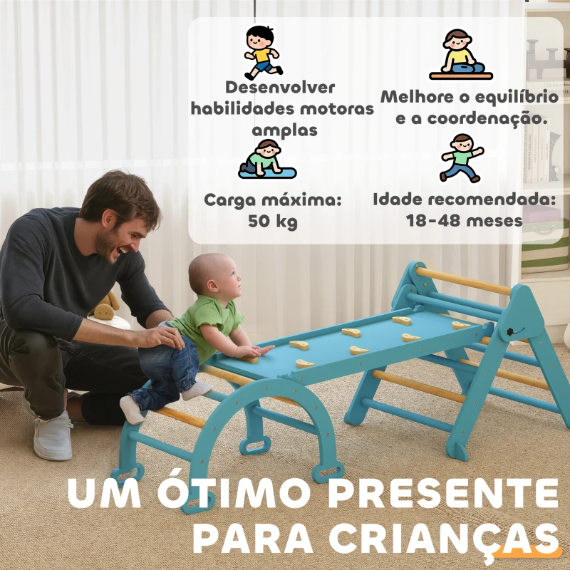 AIYAPLAY Triângulo de Escalada 7 em 1 com Arco e Rampa Escalada para Crianças de Madeira Dobrável para 18-48 Meses 188x70 cm Azul
