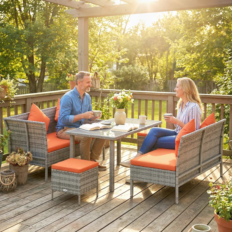 Outsunny 6-Seater Rattan Dining Set Sofa Table Footstool Outdoor w/ Cushion Garden Furniture, Orange