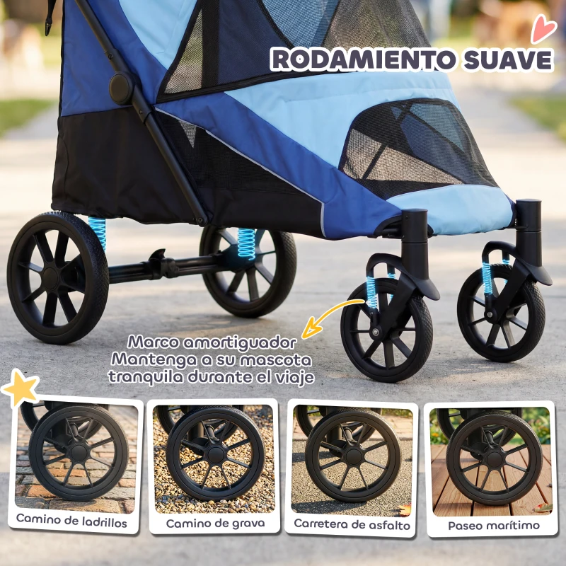 PawHut Cochecito Plegable para Mascotas con Ventanas de Malla Cojín Acolchado para Perros de hasta 30 kg 124x67x100 cm Azul