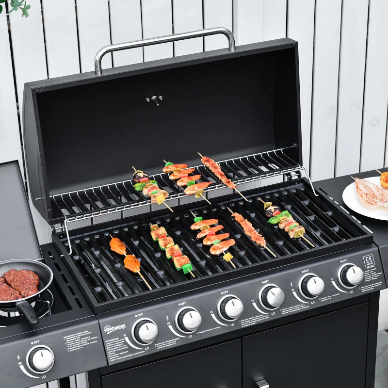 Outsunny Gratar cu Gaz cu Capac si Arzator Lateral, Termometru si 2 Roti