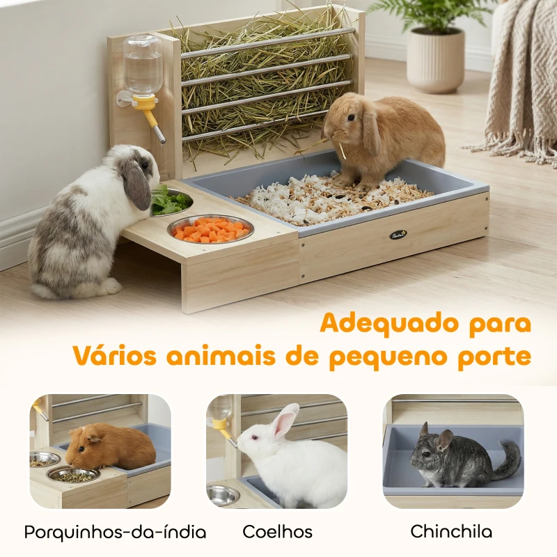 PawHut Comedouro de Feno para Coelhos com Bandeja, Alimentador de Feno em Madeira com Tigela de Aço Inoxidável e Bebedouro