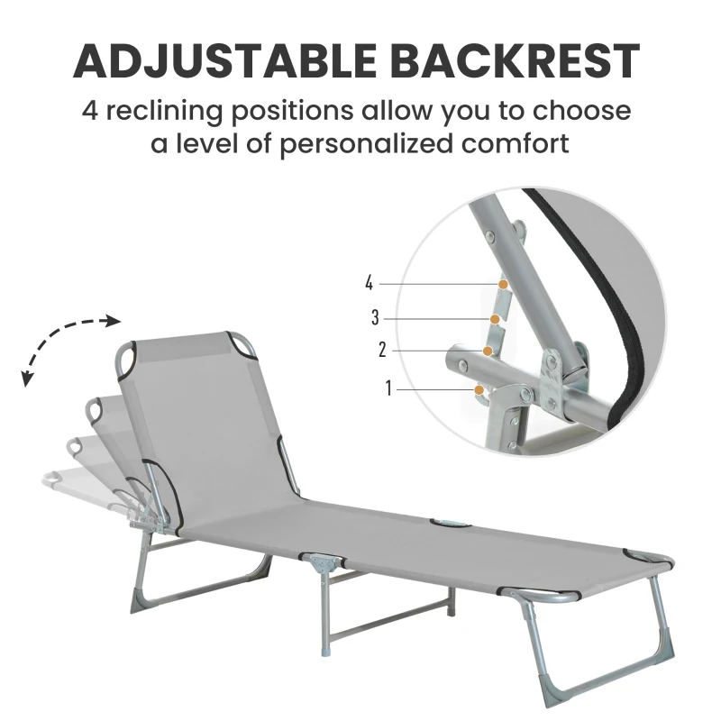 Outsunny Reclining Sun Lounger Chair Folding Camping Bed with 4-Position Adjustable Backrest, Grey