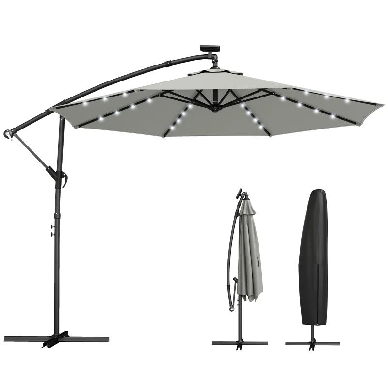 Outsunny Parasol déporté LED Solaire env. Ø300 cm Orientable Parasol à manivelle Pied Housse de protection Gris clair
